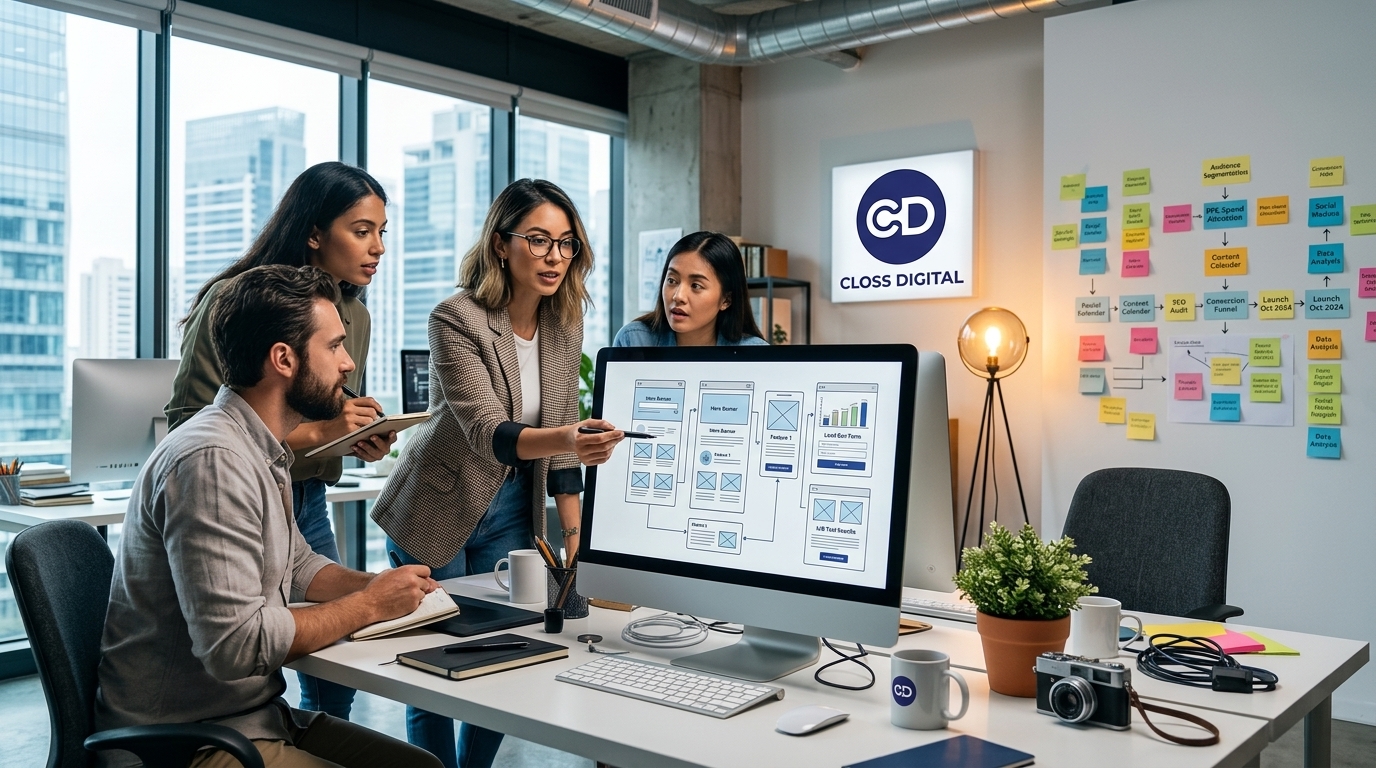 Equipa a trabalhar à volta de um monitor com dashboards e wireframes, representando o processo colaborativo da agência.