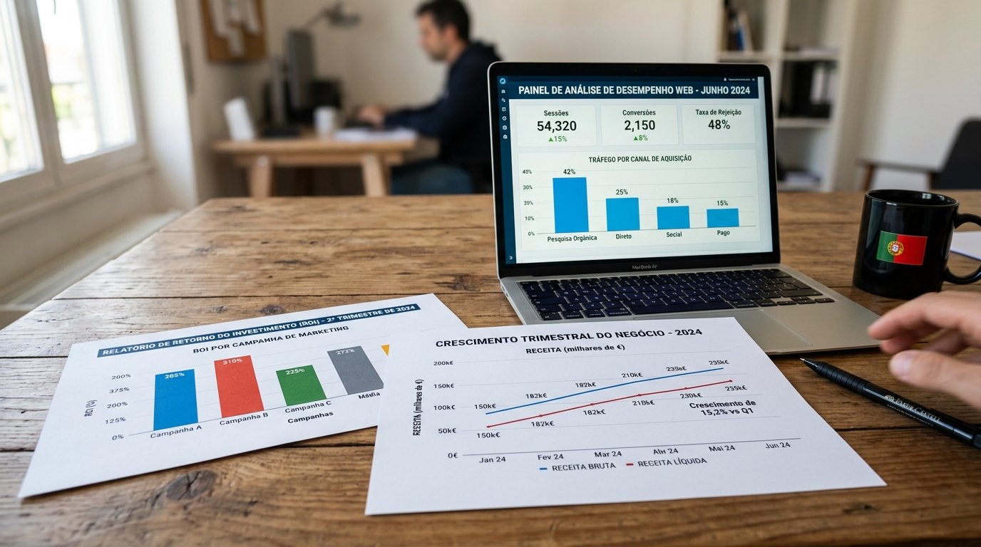 Mesa com gráficos impressos de ROI e crescimento, portátil ao fundo com dashboard de analytics a mostrar métricas positivas.