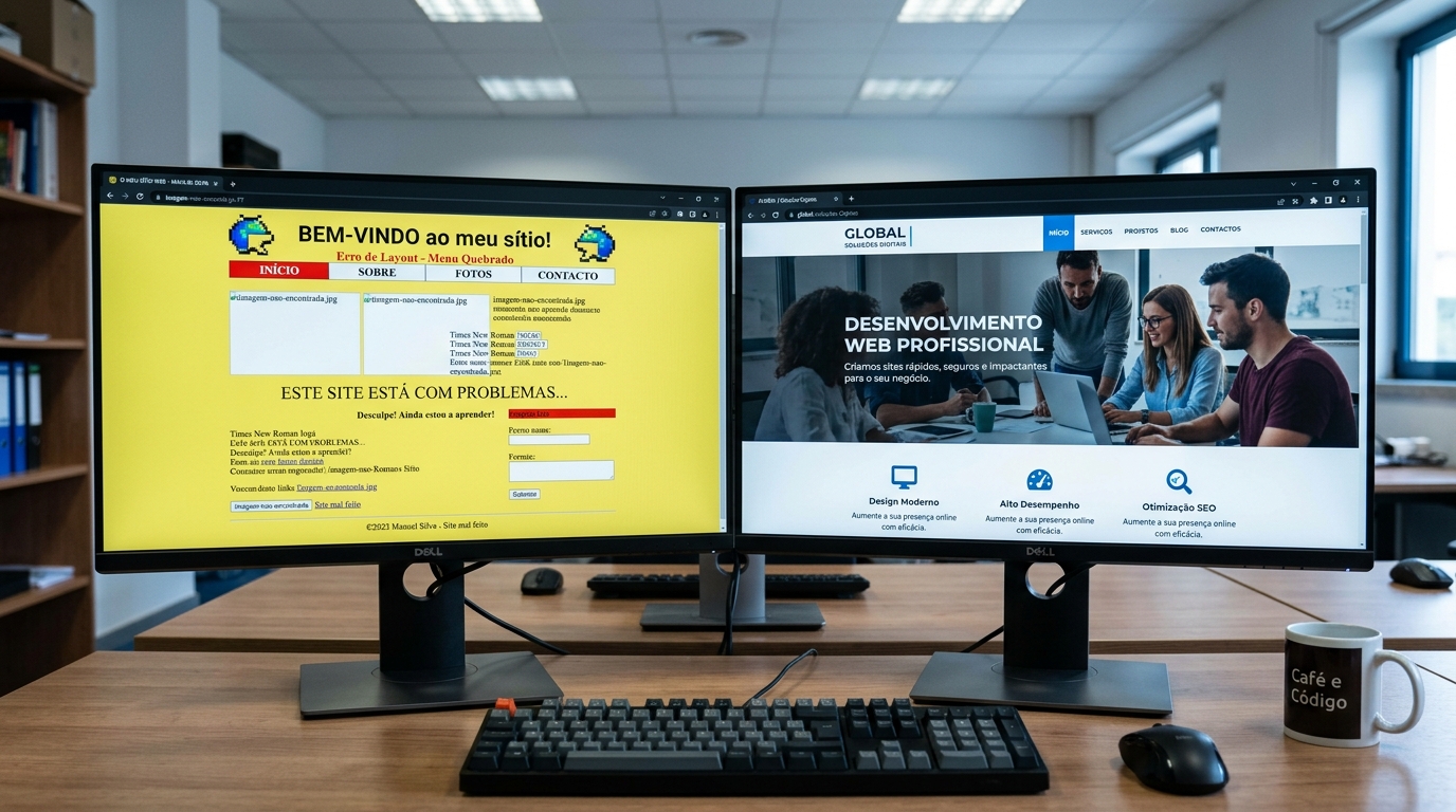 Dois ecrãs lado a lado: um com site amador com erros visuais e layout desalinhado, outro com site profissional limpo e moderno.