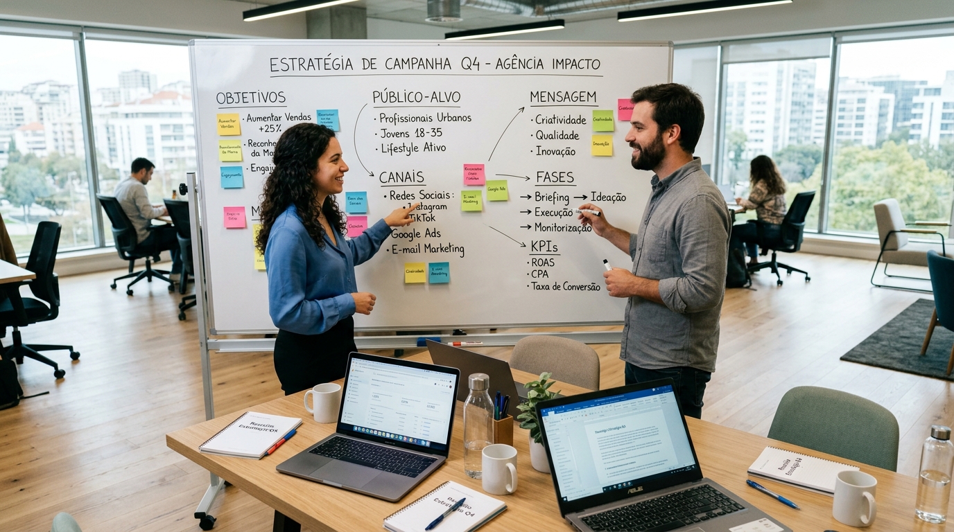 Equipa em frente a um quadro branco a discutir estratégia e orçamento de marketing digital.
