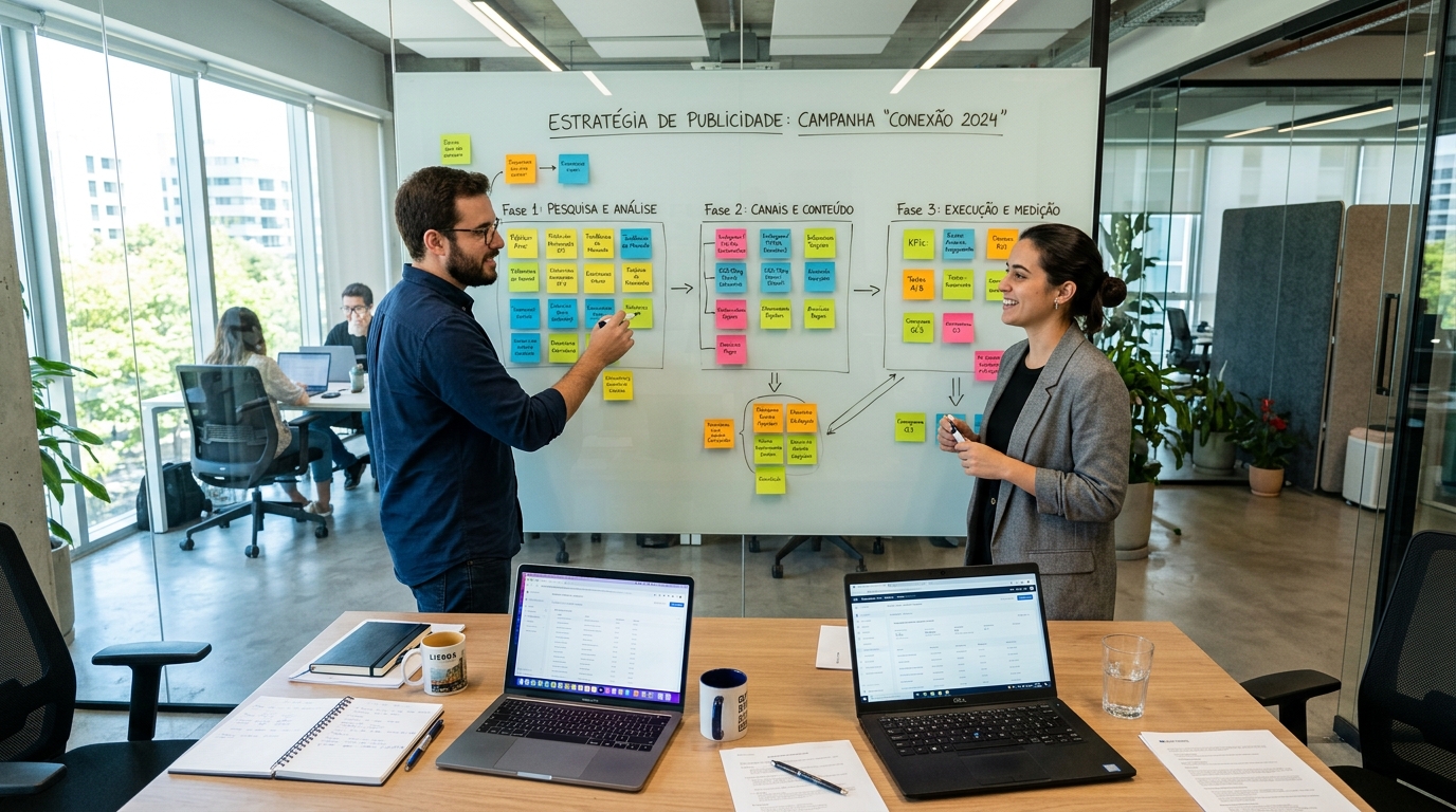 Equipa de duas pessoas em frente a quadro branco com post-its formando diagrama de estratégia de ads, portáteis na mesa.