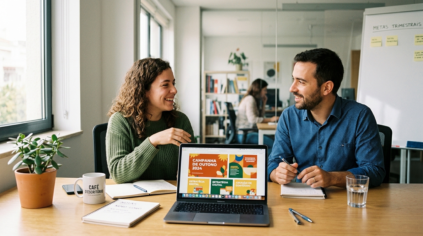 Duas pessoas em reunião informal com portátil aberto mostrando gráficos de campanhas, escritório moderno e luminoso.