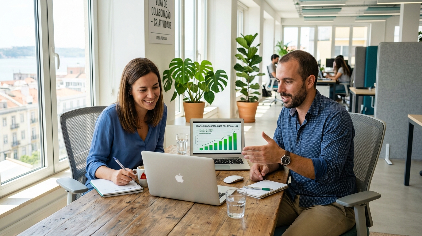 Duas pessoas numa reunião informal a discutir resultados, representando o tempo ganho ao automatizar processos numa PME.