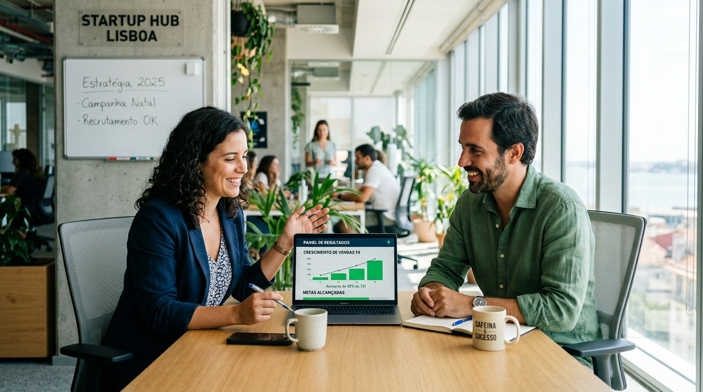 Duas pessoas numa reunião informal, portátil aberto com dashboard positivo (gráficos verdes a subir), ambiente de escritório moderno e luminoso.