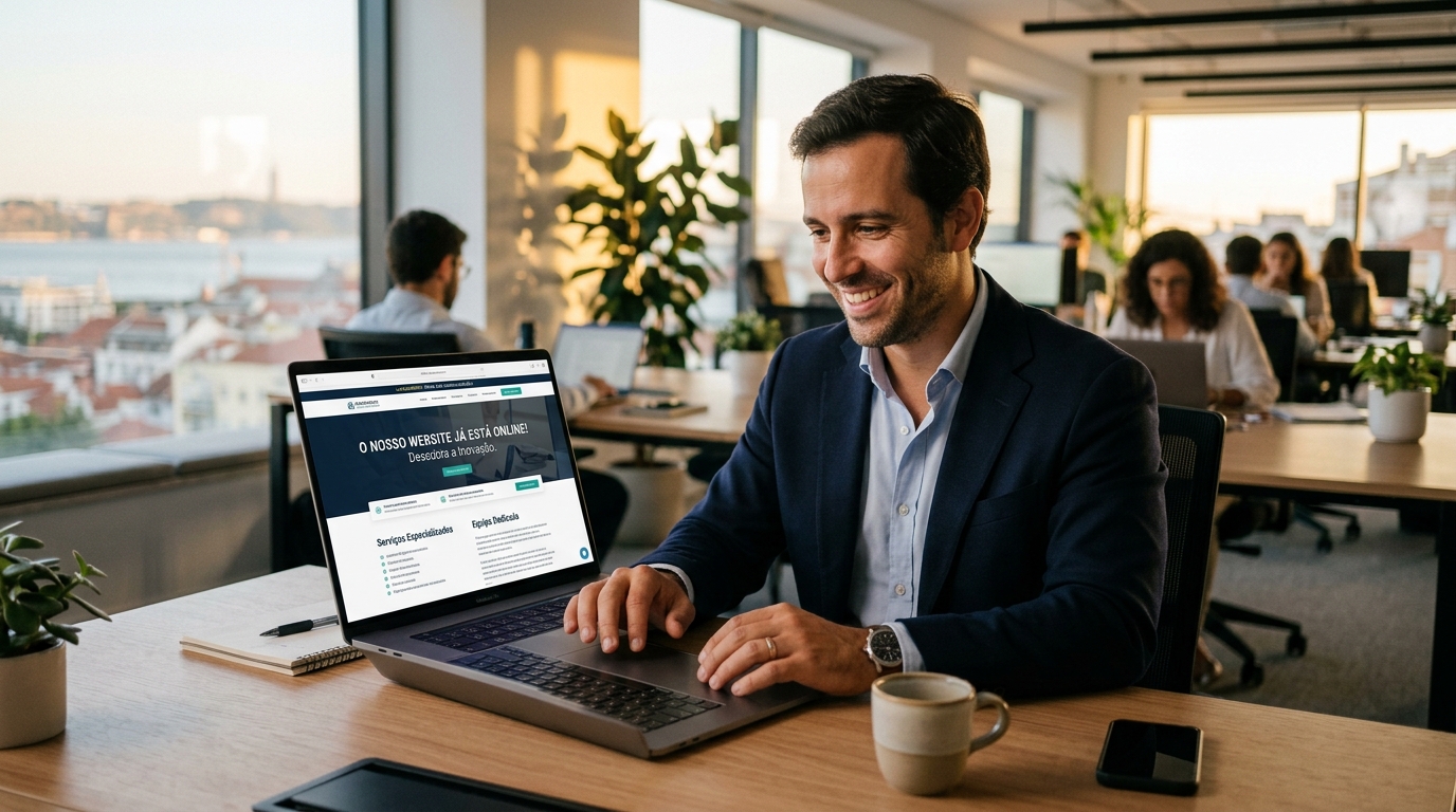 Empresário satisfeito a olhar para o ecrã do portátil com site novo lançado, escritório moderno luminoso ao fundo.