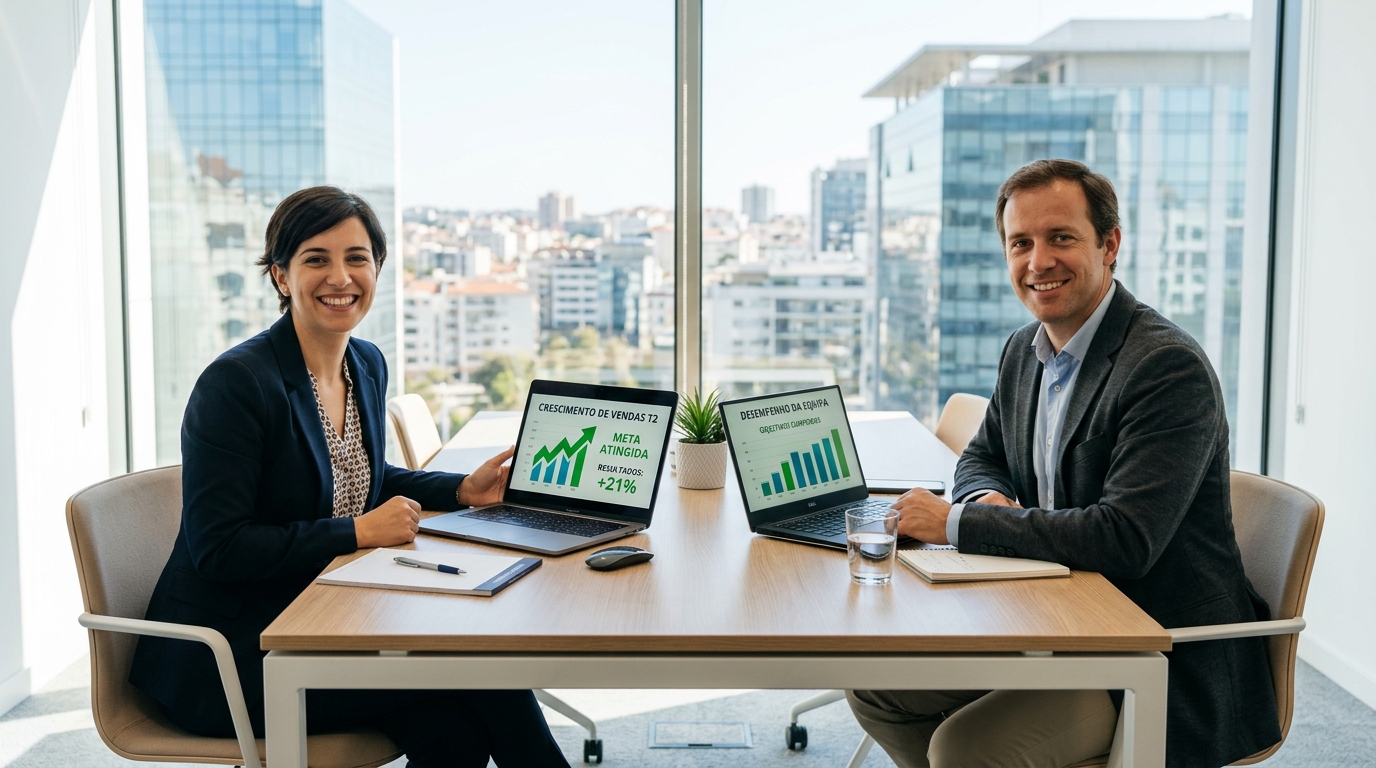Duas pessoas sentadas numa mesa de reunião moderna, portátil entre ambas com gráficos positivos, expressões satisfeitas e confiantes.