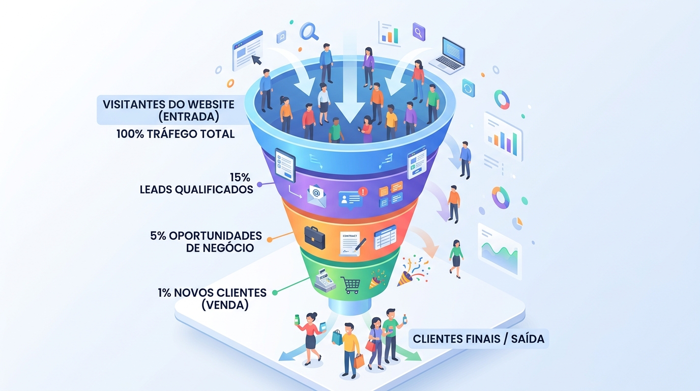 Ilustração isométrica de um funil de conversão web com visitantes a entrar no topo e clientes a sair na base, percentagens visíveis em cada etapa.