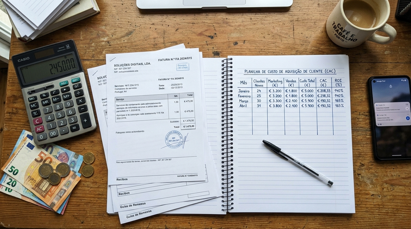 Mesa de trabalho com calculadora, notas de euros, faturas e um portátil aberto com spreadsheet de custos de aquisição de clientes.