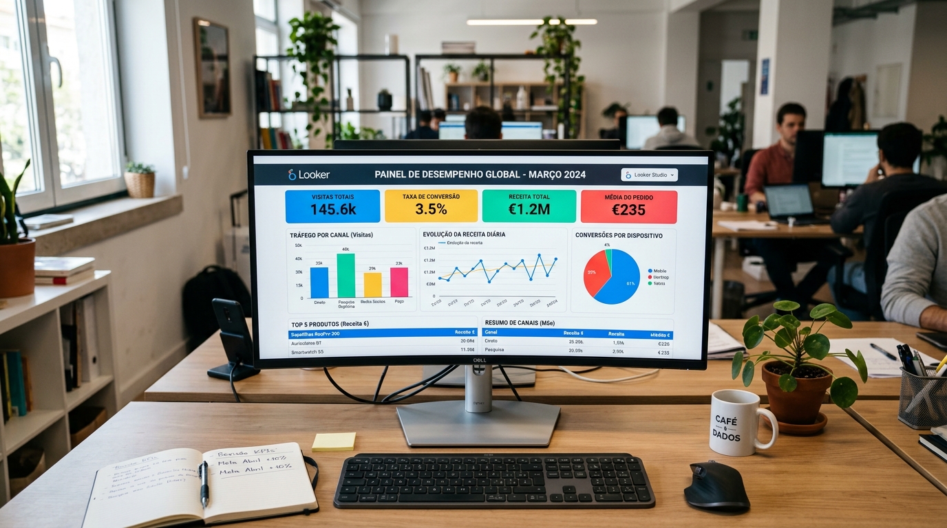 Monitor com um dashboard de métricas, representando o acompanhamento de resultados de um site.