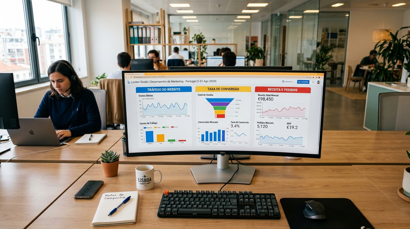 Monitor widescreen com dashboard de Looker Studio colorido, mostrando gráficos de tráfego, conversões e receita, ambiente de escritório organizado.