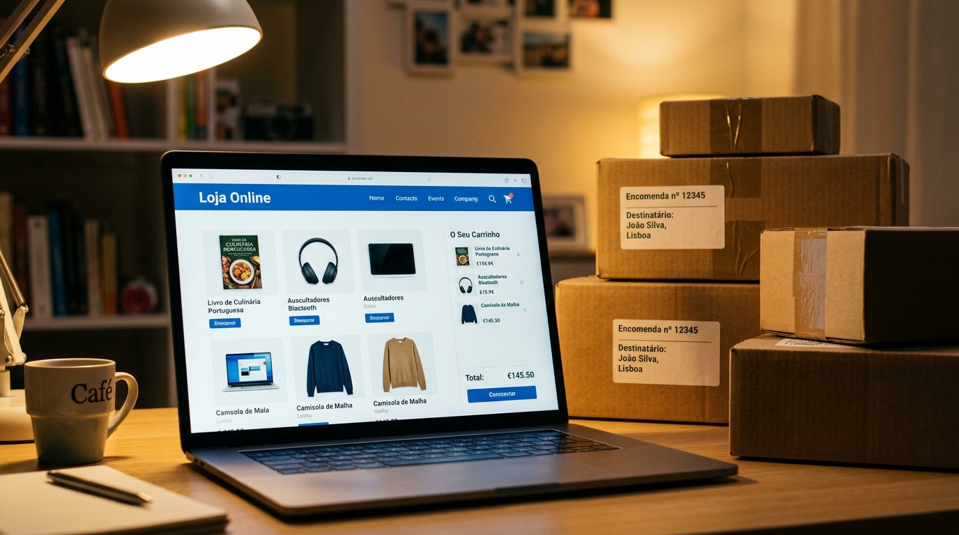 Ecrã de portátil com loja online aberta, carrinho de compras com produtos visível, caixas de encomenda ao lado do computador.