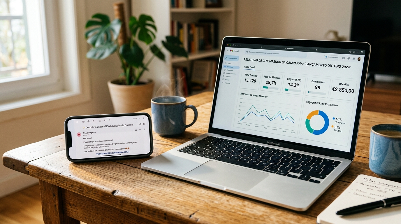 Smartphone sobre mesa com app de email aberta mostrando campanha de marketing, ao lado de portátil com dashboard de métricas de email.