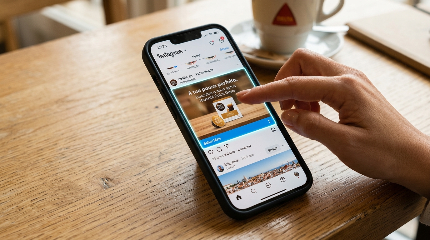 Pessoa a fazer scroll numa rede social no smartphone, representando a gestão de conteúdo em redes sociais por uma pequena empresa.