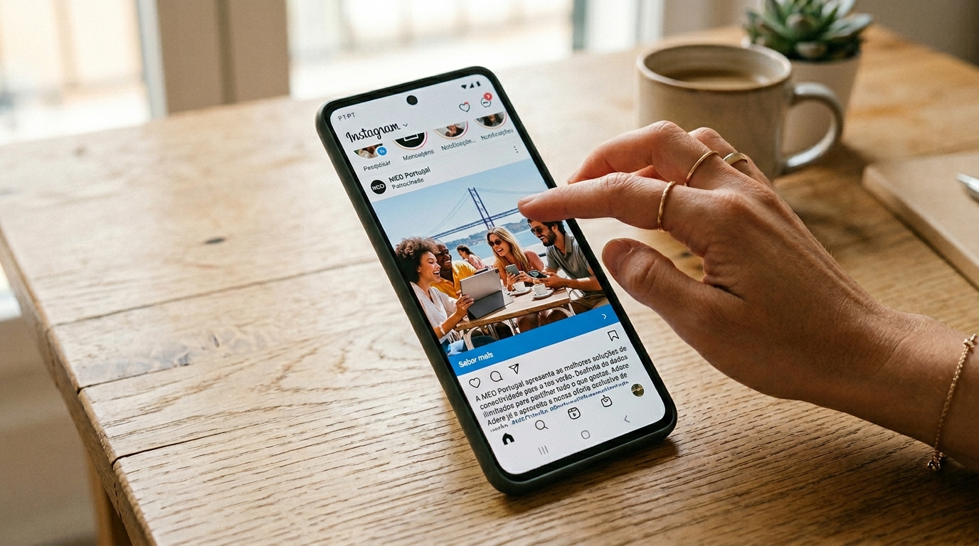 Smartphone sobre uma mesa com o feed do Instagram visível e um anúncio patrocinado em destaque, mão a fazer scroll.