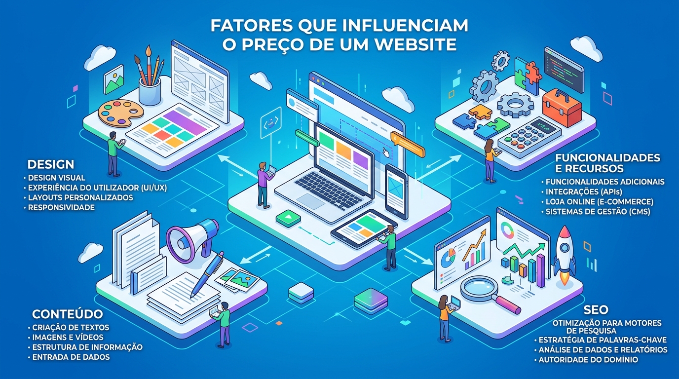 Diagrama visual com ícones representando os fatores que influenciam o preço de um site: design, funcionalidades, conteúdo e SEO.
