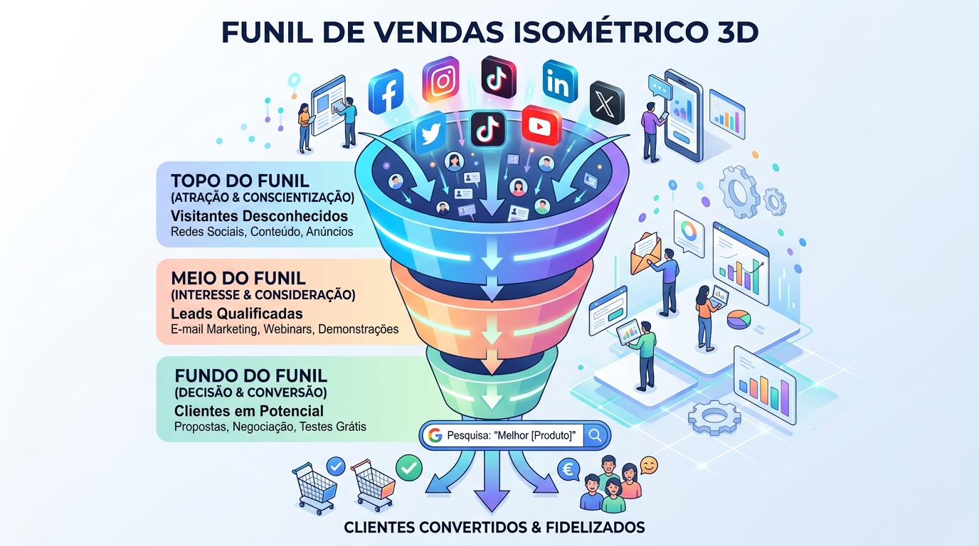 Ilustração 3D isométrica de um funil de vendas, representando o follow-up automático de novos leads captados pelo site.