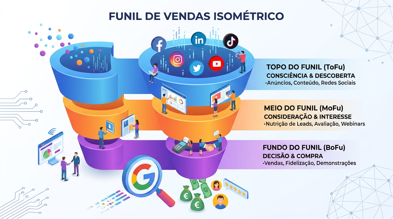 Funil de vendas em perspetiva isométrica com três níveis: ícones de redes sociais no topo e ícone de pesquisa Google no fundo.