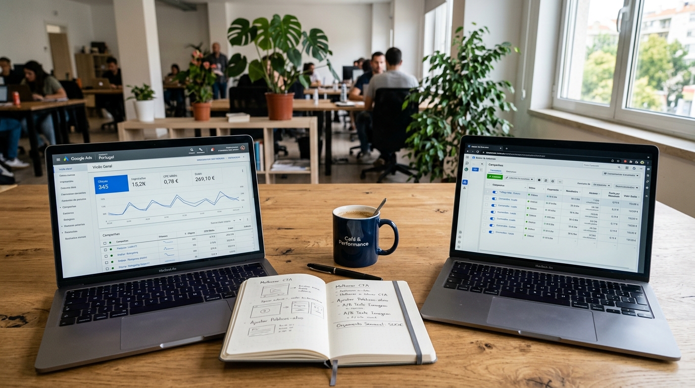 Dois ecrãs numa secretária: o da esquerda com o dashboard do Google Ads e o da direita com o Facebook Ads Manager, caderno e café entre eles.