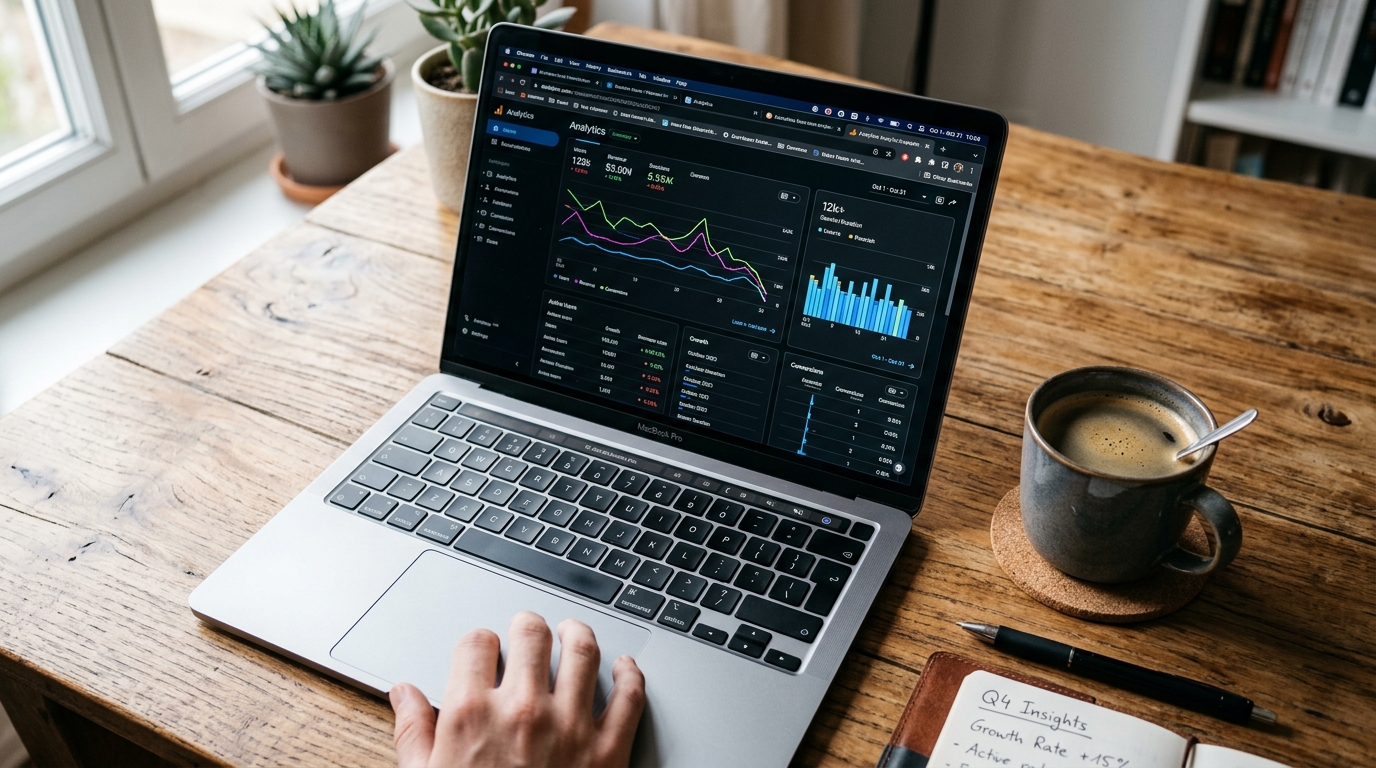 Portátil aberto com gráficos de analytics no ecrã, representando a leitura de métricas de campanhas de marketing digital.