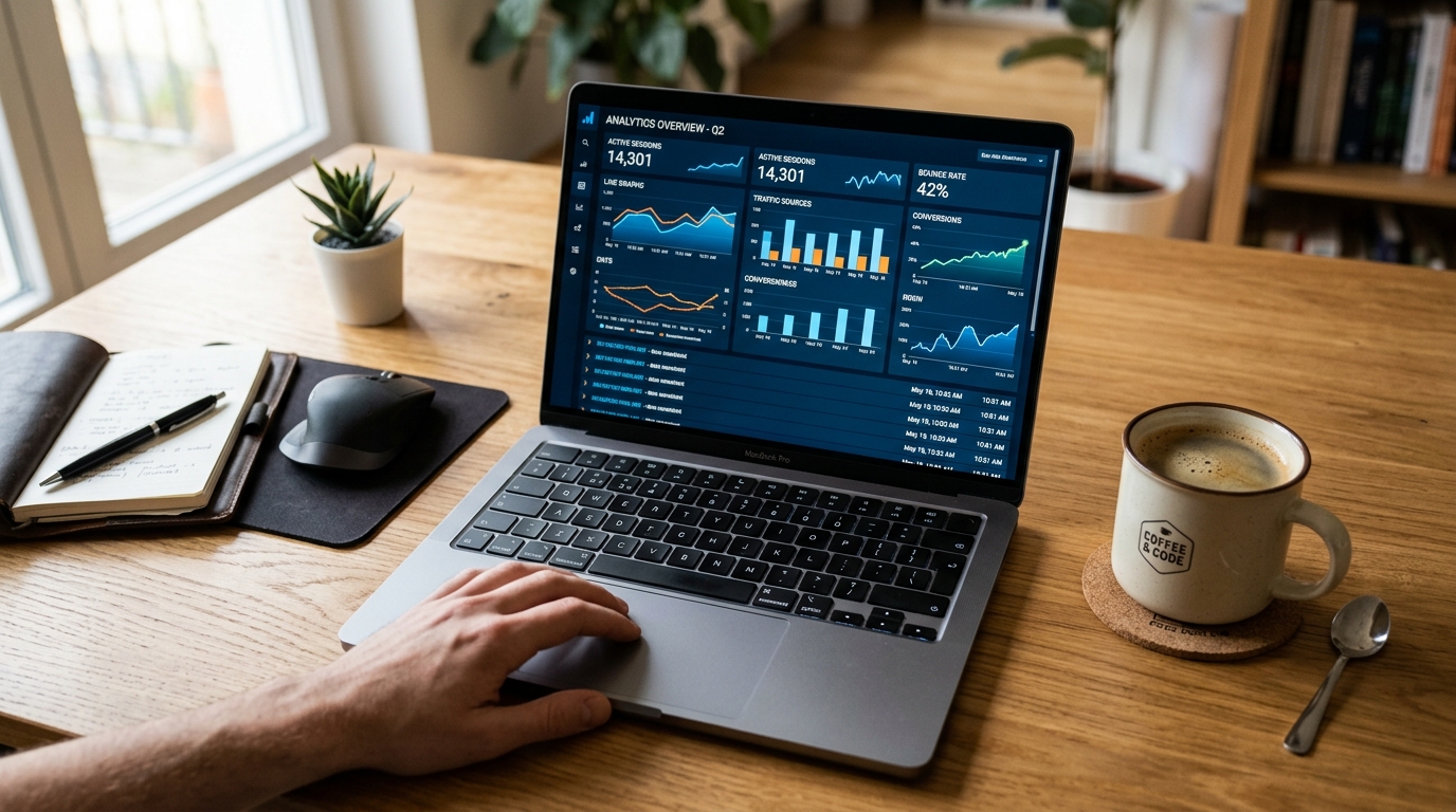 Portátil aberto com gráficos de analytics no ecrã, representando um sistema de automação de marketing e faturação.