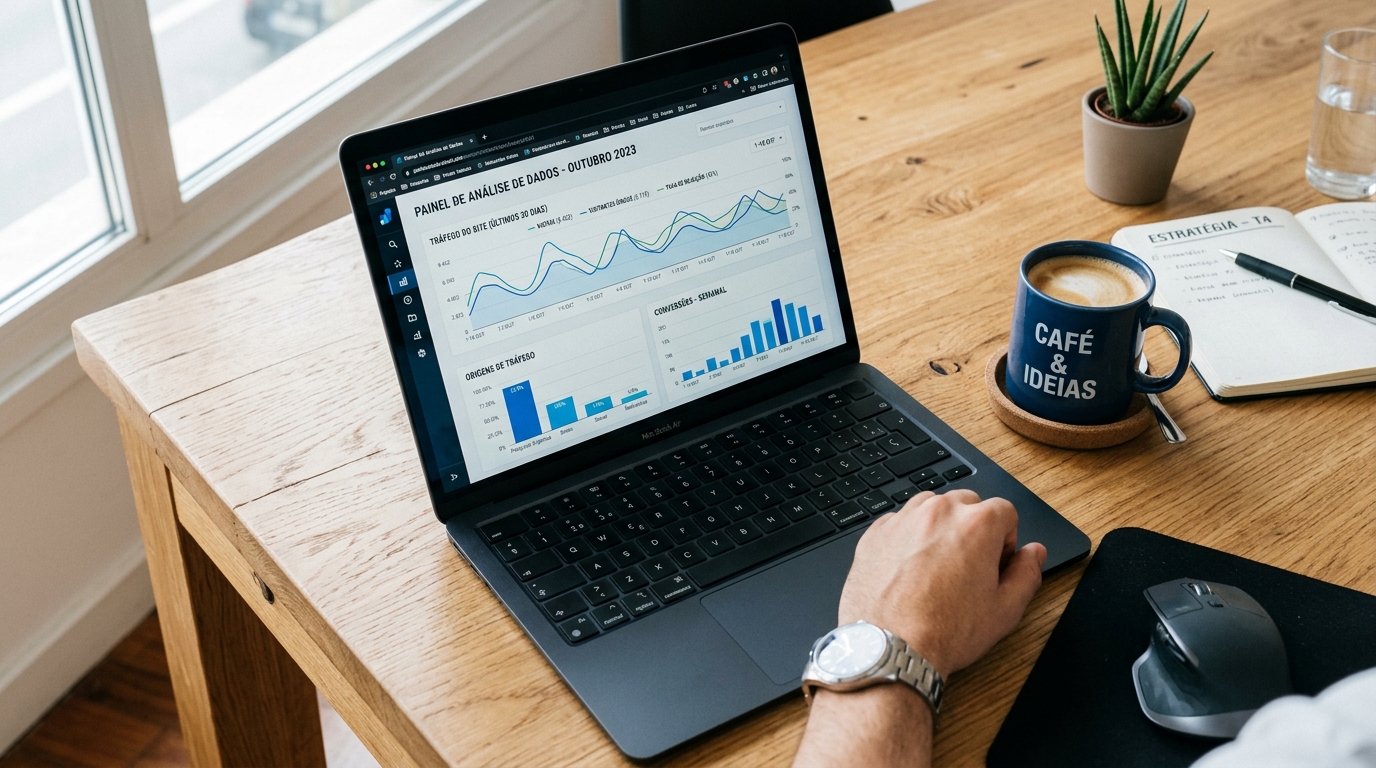 Portátil aberto numa secretária com gráficos de analytics no ecrã e chávena de café ao lado, representando automações que poupam tempo a uma PME.
