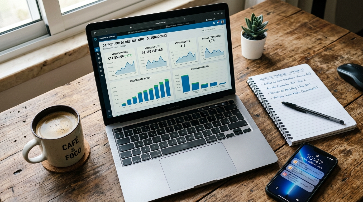 Secretária de escritório com portátil aberto e chávena de café, representando o início do planeamento de marketing digital de uma pequena empresa.