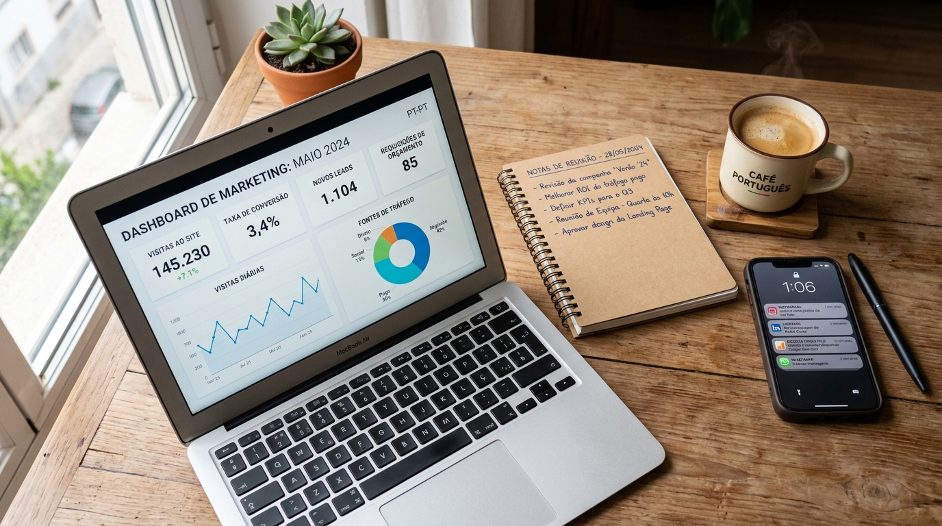 Secretária com portátil aberto mostrando dashboard de métricas, caderno com anotações, chávena de café e smartphone com notificações de analytics.