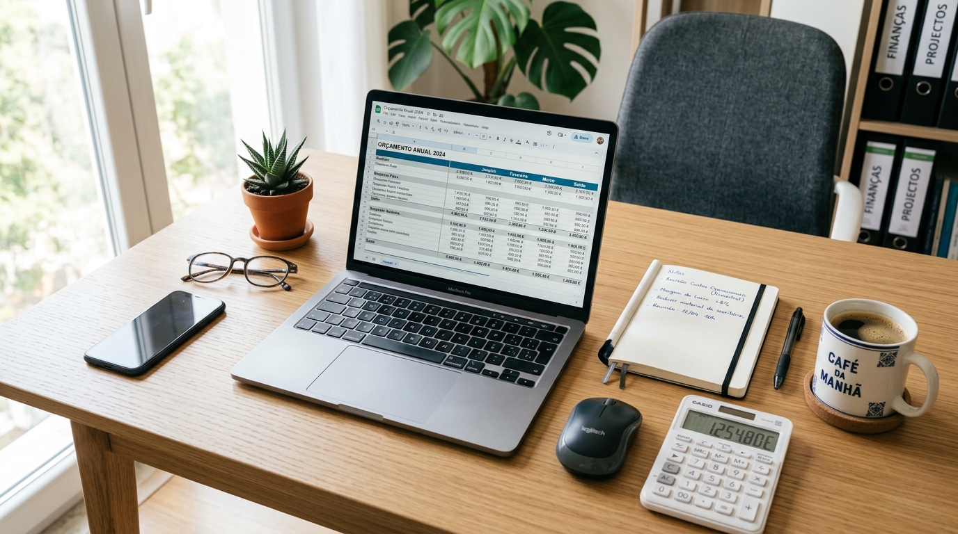 Secretária de escritório com portátil aberto, calculadora e chávena de café, remetendo para o cálculo de um orçamento de marketing digital.