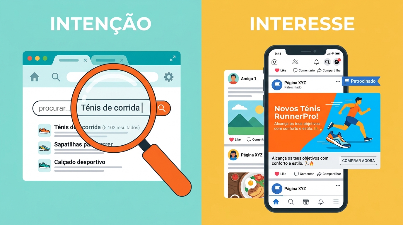 Ilustração de uma lupa sobre uma barra de pesquisa, representando a intenção de pesquisa de quem procura um serviço no Google.