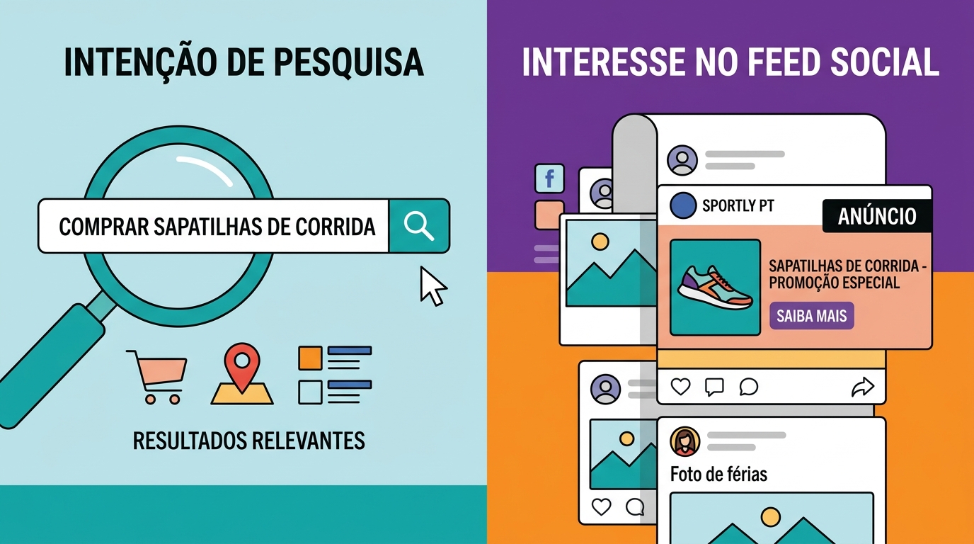 Ilustração dividida ao meio: à esquerda uma lupa sobre uma barra de pesquisa representando intenção, à direita um feed social com anúncio destacado representando interesse.