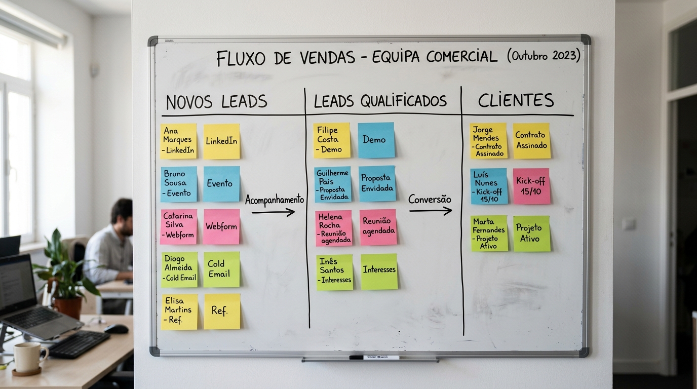 Quadro branco com notas autocolantes, representando o planeamento de objetivos e público-alvo antes de investir em marketing digital.