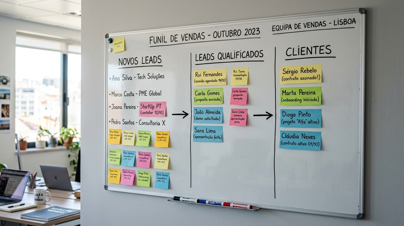 Quadro branco de escritório com post-its coloridos organizados em colunas: leads novos, qualificados e clientes, com setas entre eles.