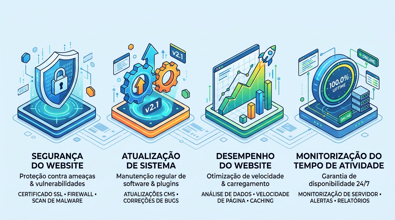Ícones de manutenção web: escudo de segurança, engrenagem de atualizações, gráfico de performance e relógio de uptime, dispostos num grid limpo.