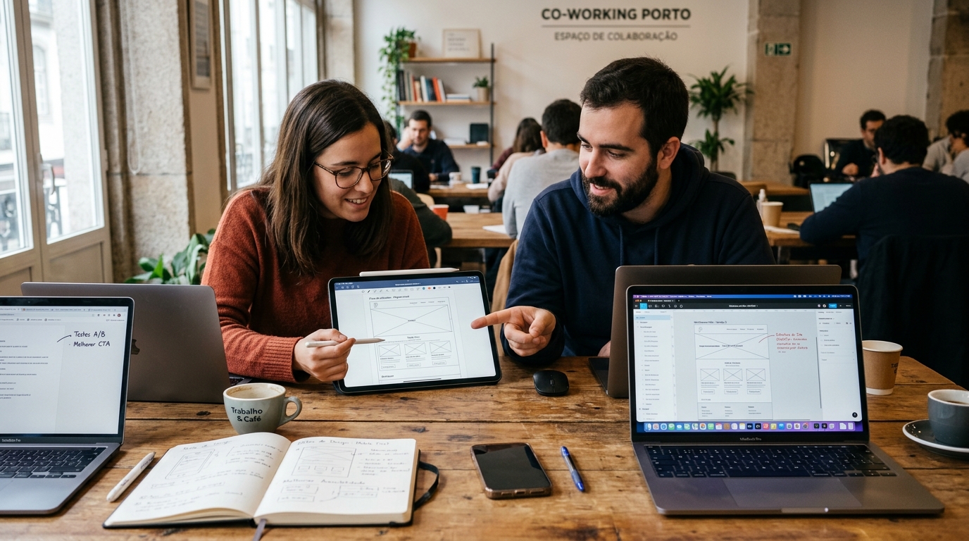 Designer e developer sentados lado a lado numa secretária, a trabalhar em wireframes num portátil e num tablet.