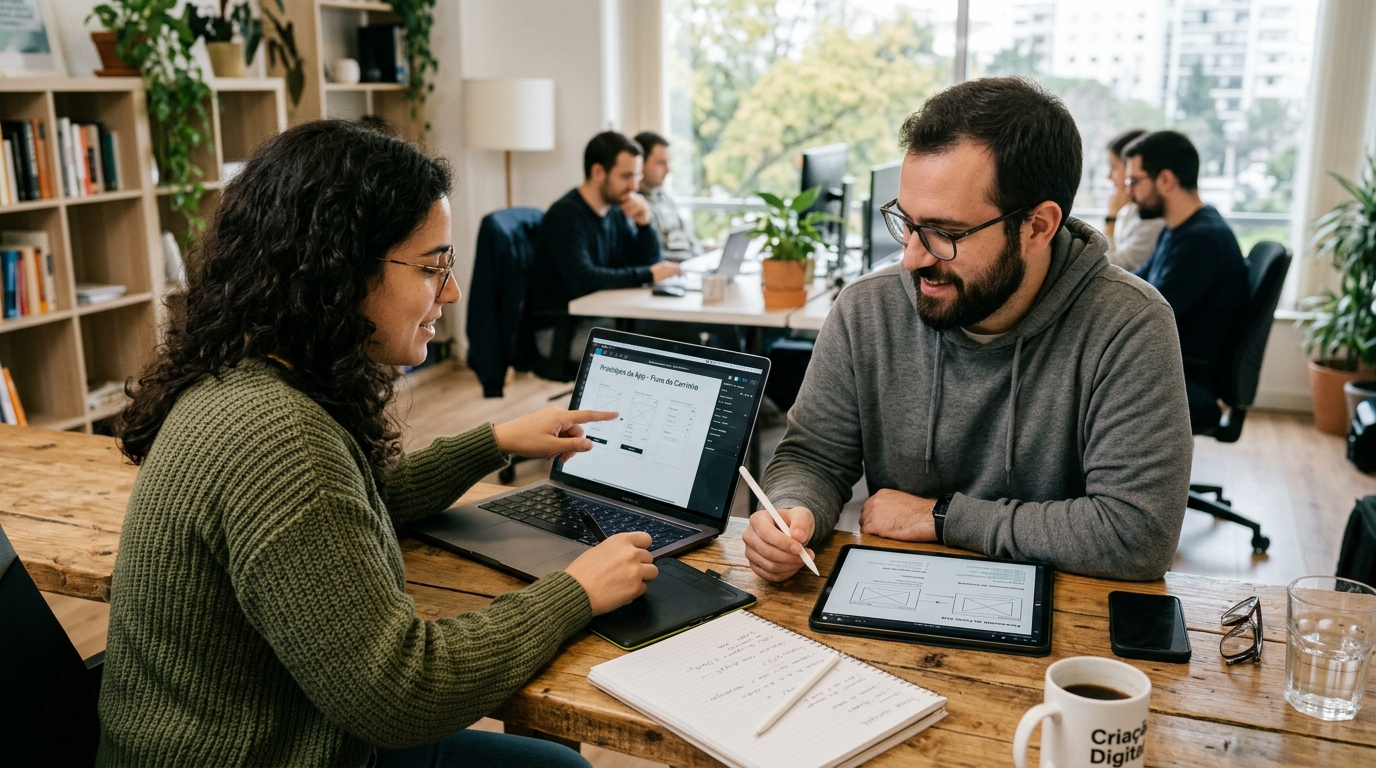 Designer e programador a trabalhar em conjunto num website, representando a preparação de um site pronto para gerar clientes.