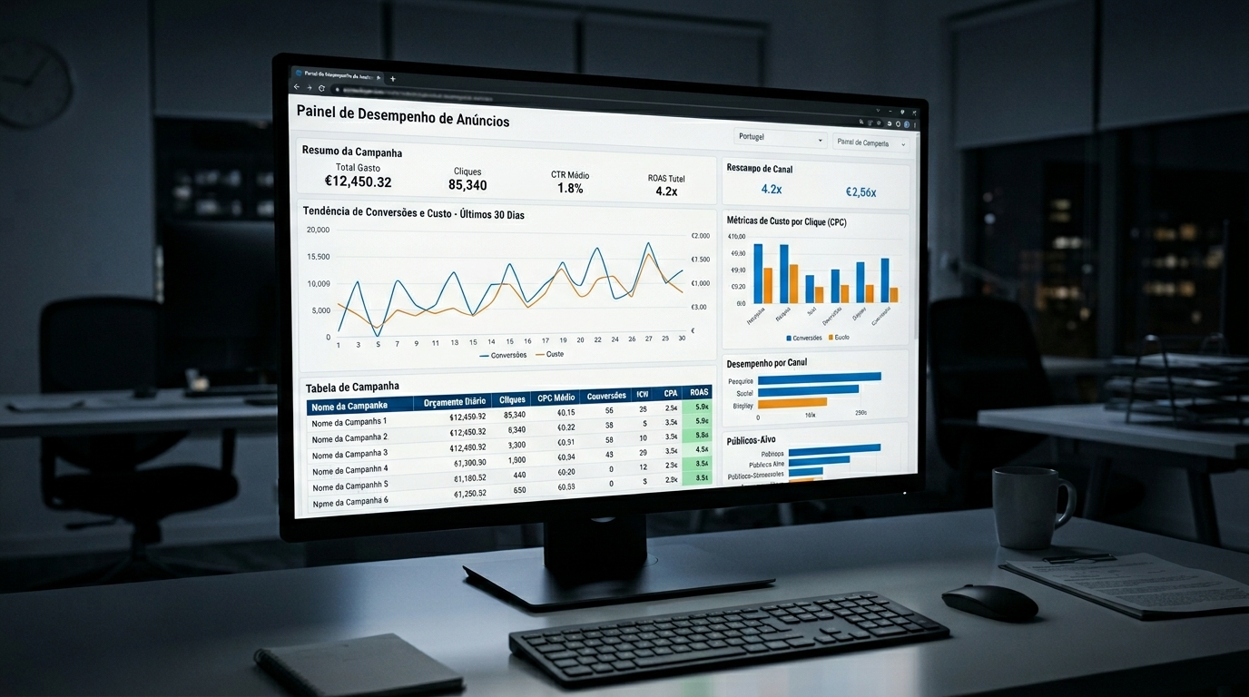 Ecrã de computador com métricas e anúncios em destaque, representando um dashboard automático de resultados de marketing.