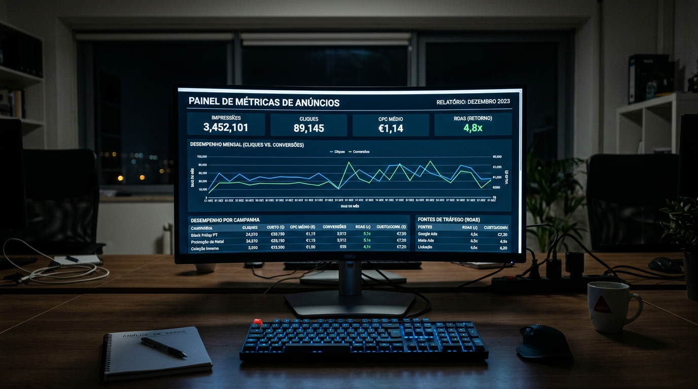 Ecrã widescreen com dashboard de métricas de anúncios, gráficos de CPC e ROAS, ambiente escuro de escritório à noite.