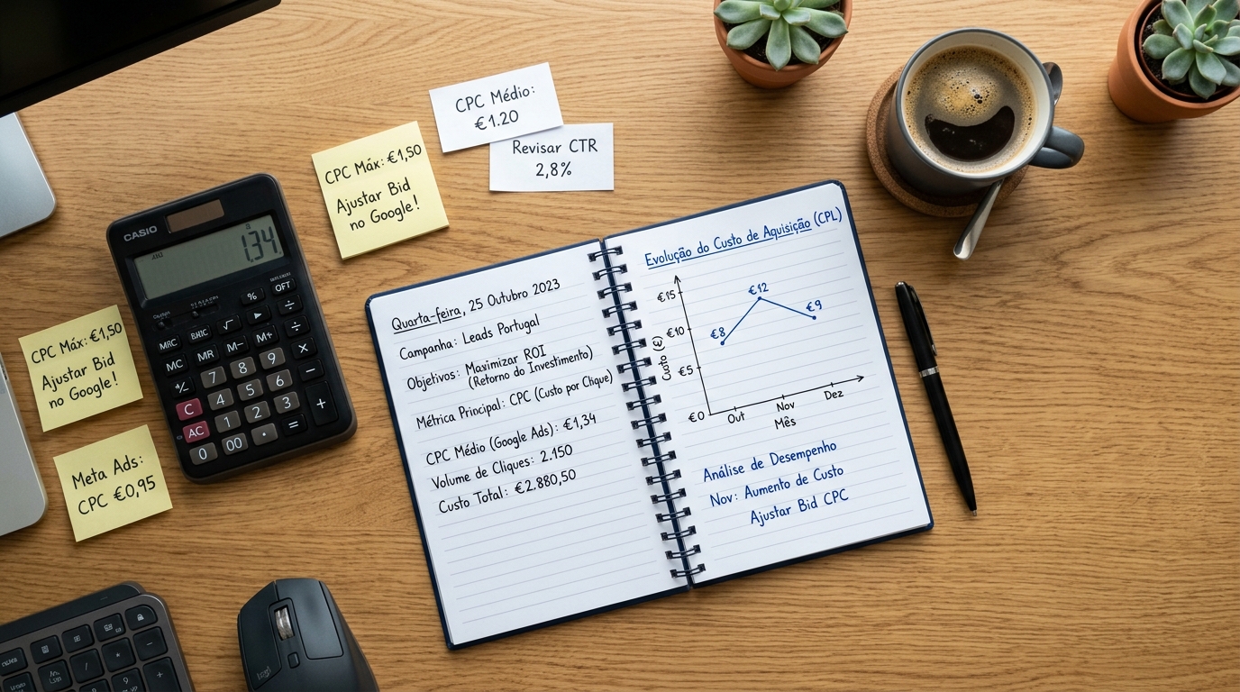 Mesa de trabalho com calculadora, notas e portátil, representando o cálculo de um orçamento de marketing digital.