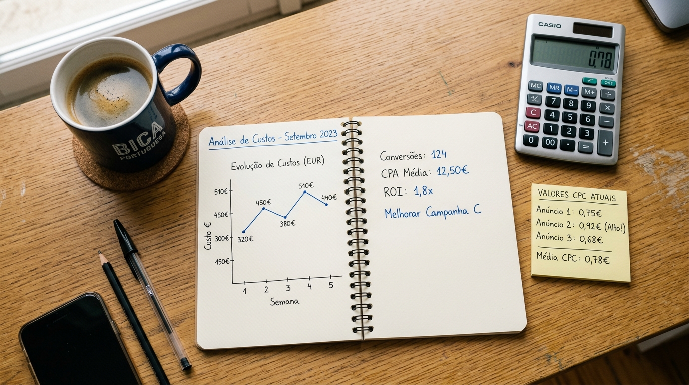 Mesa de trabalho vista de cima com calculadora, notas com valores de CPC, portátil com gráfico de custos e chávena de café.