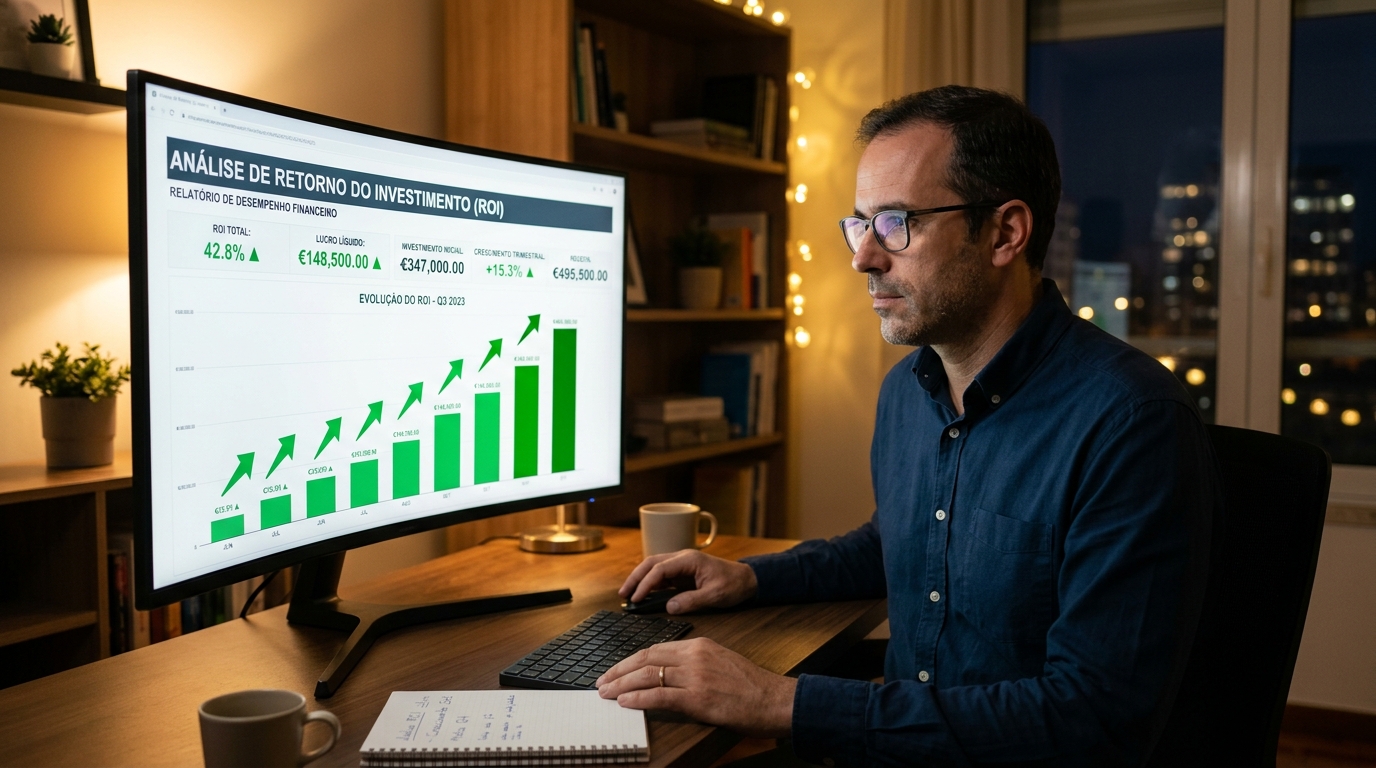 Pessoa a analisar gráfico de retorno de investimento num monitor grande, com setas verdes a subir e valores monetários destacados.