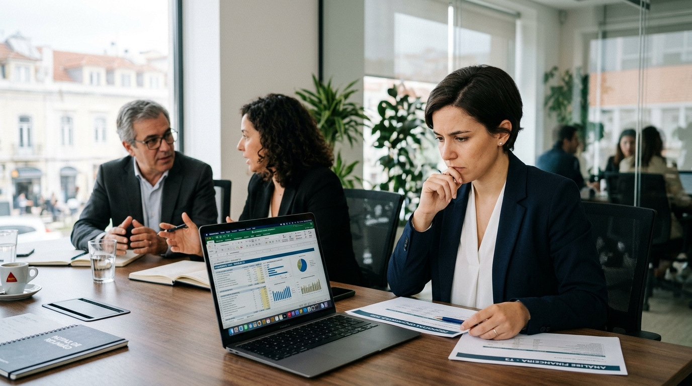 Pessoa em reunião com dois profissionais de web design, portátil aberto com propostas de orçamento, expressão ponderada.