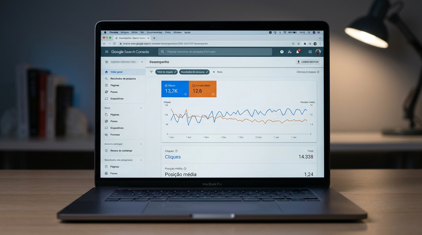 Ecrã de portátil com a página de resultados de pesquisa do Google aberta, representando a visibilidade orgânica de um site nas pesquisas.