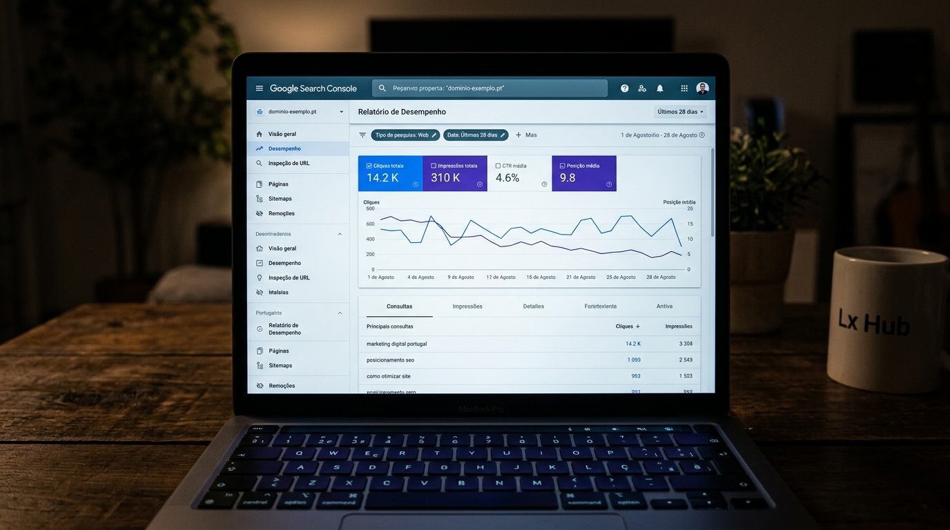 Ecrã de portátil com Google Search Console aberto, mostrando gráfico de posição média e cliques ao longo do tempo.