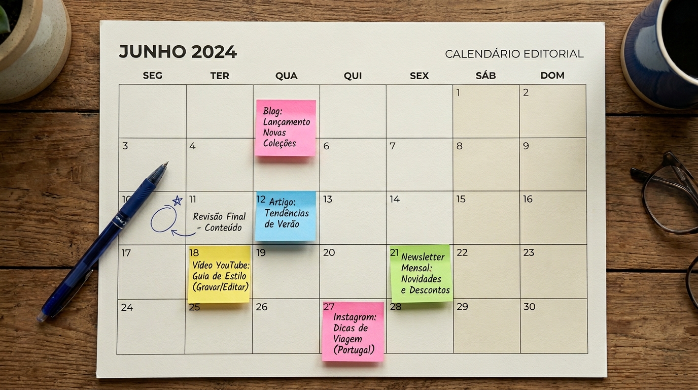 Calendário editorial em papel sobre uma secretária, com post-its coloridos e caneta a marcar datas de publicação.