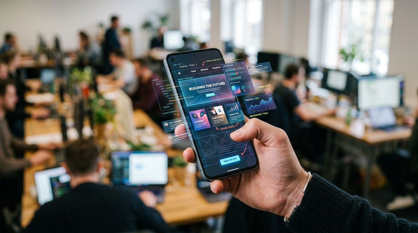 Mão a segurar um smartphone com um site desconstruído e elementos sobrepostos no ecrã, fundo desfocado de escritório.