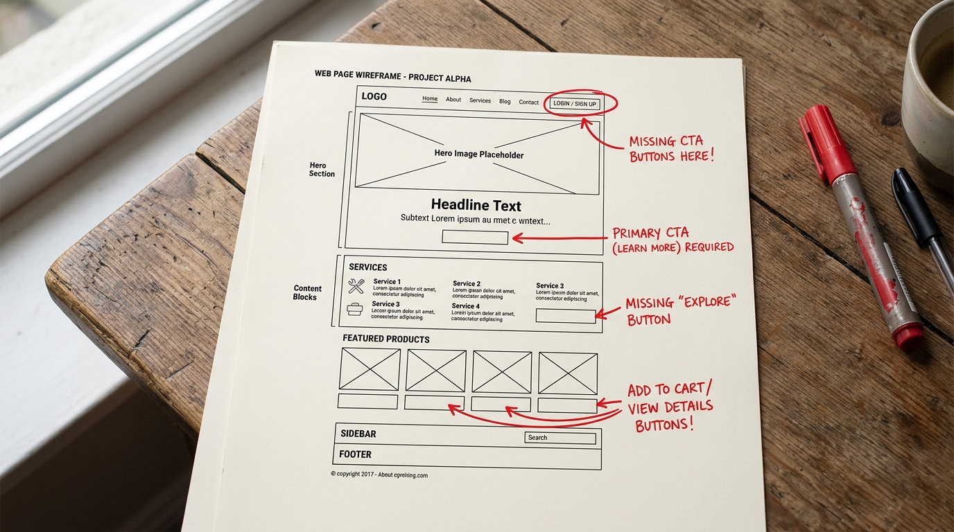 Wireframe de uma página web impresso em papel, com setas a vermelho a apontar para zonas vazias onde deviam estar botões.