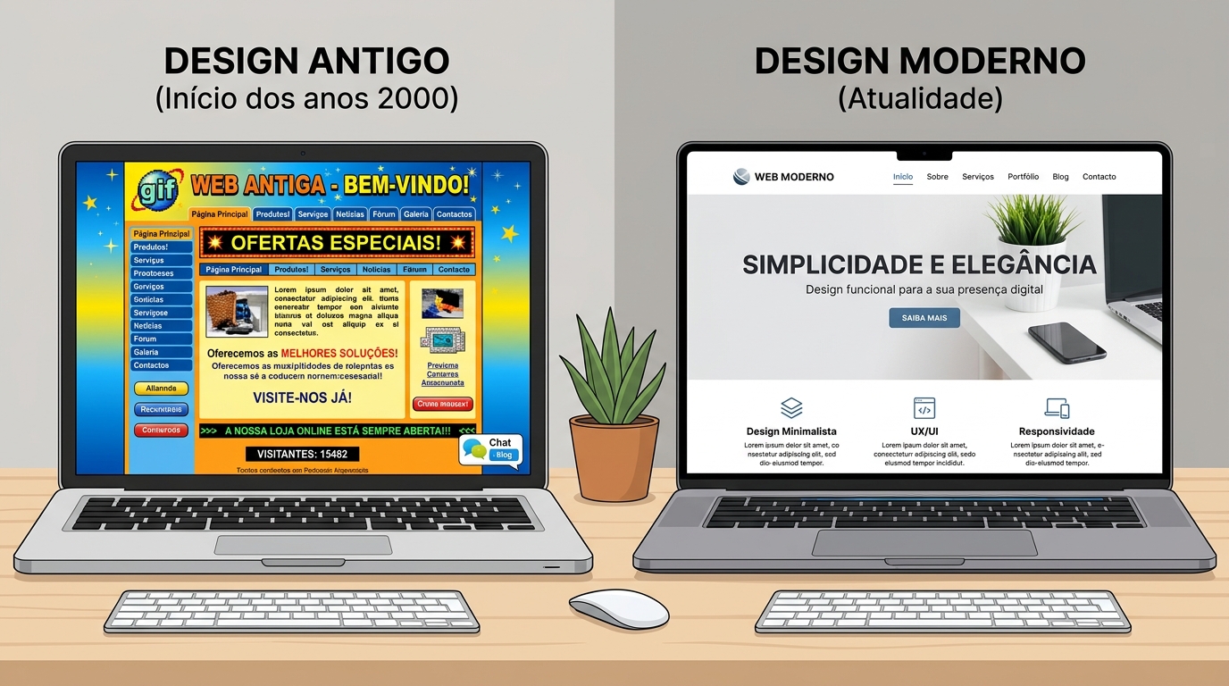 Comparação lado a lado: à esquerda um site com design antigo e cores garridas, à direita um layout moderno e minimalista.