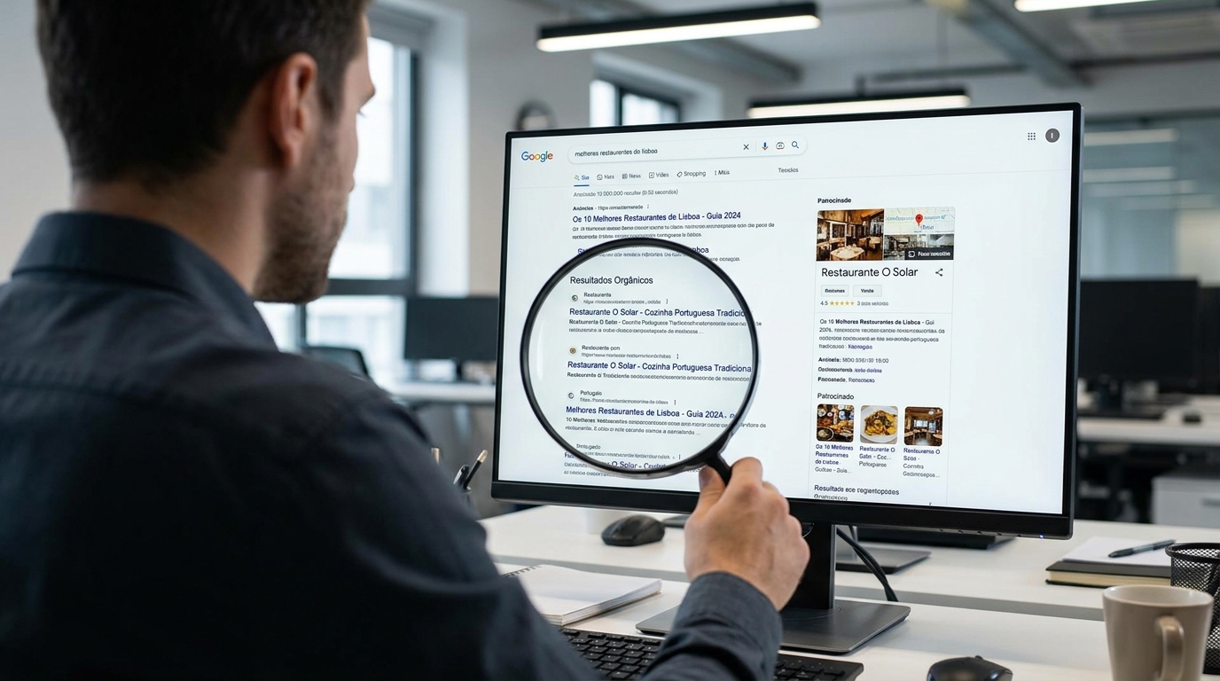 Ecrã de computador com resultados de pesquisa do Google, representando um site que não aparece nas primeiras posições.