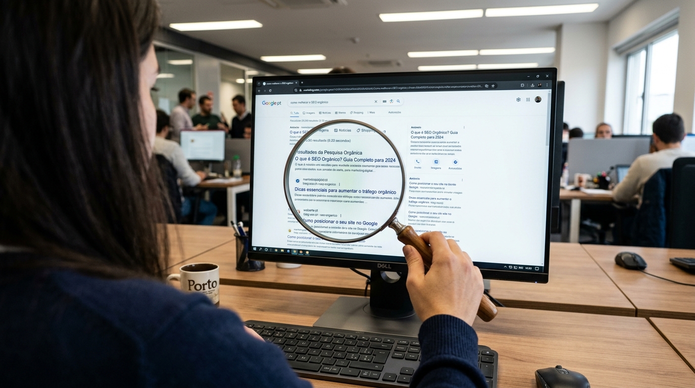 Ecrã de computador com página de resultados do Google, lupa sobreposta a destacar a posição dos resultados orgânicos.