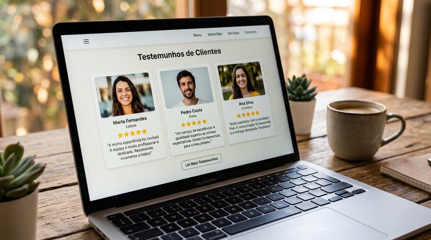 Secção de testemunhos de clientes num site, representando os sinais de confiança que reforçam o E-E-A-T.